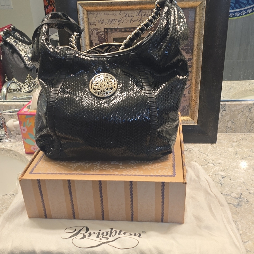 Brighton Black Shoulder Bag with Silver Medallion And Snake Leather Design